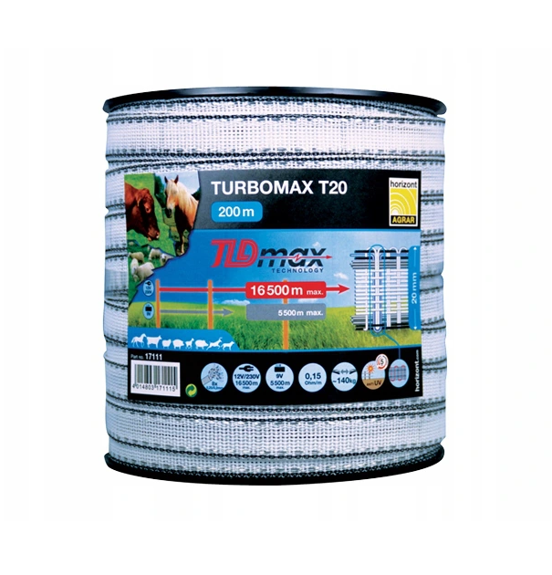 Taśma ogrodzeniowa biało-czarna Turbomax T20 TLD 200 m