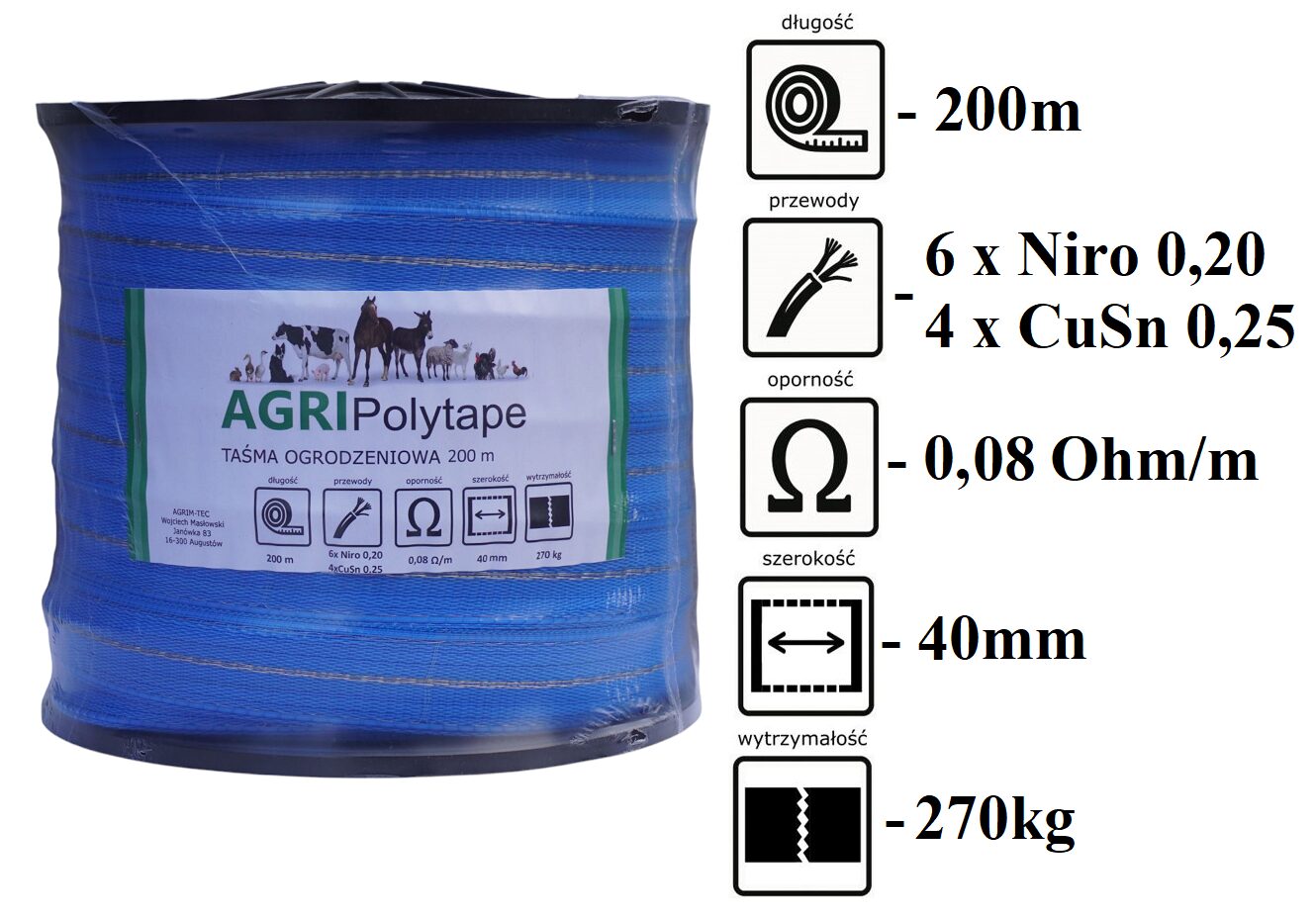 Taśma ogrodzeniowa do pastucha niebieska 40mm/200m Super mocna!
