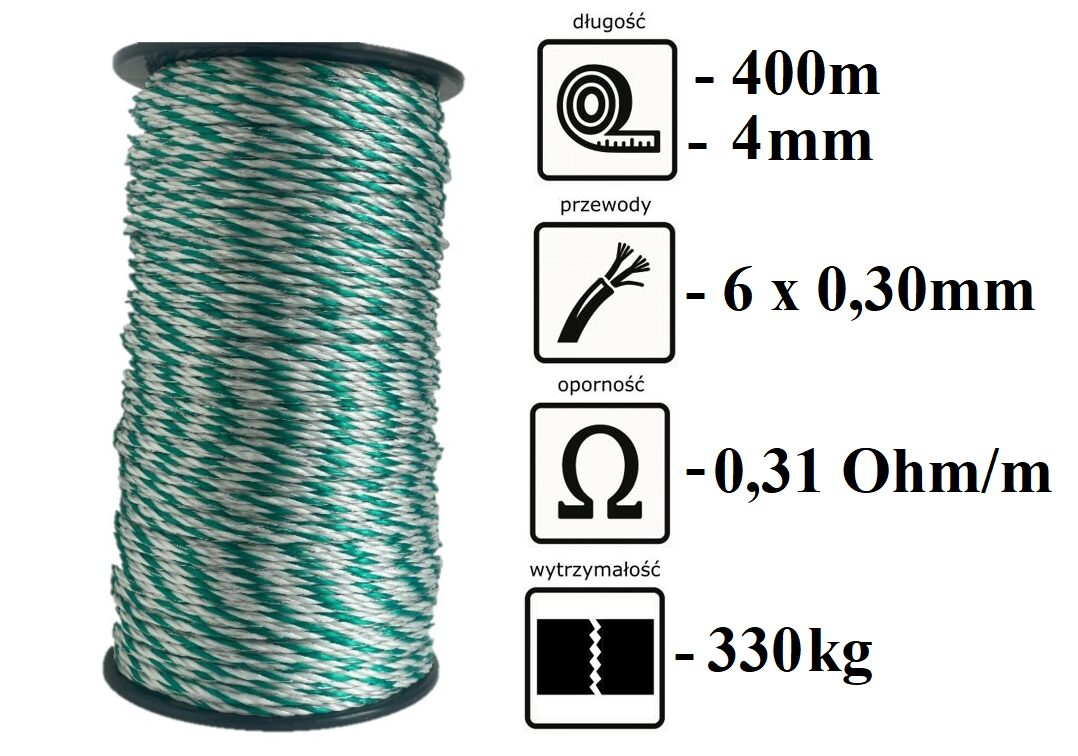 Lina linka ogrodzeniowa zielono-biała 4mm/400m